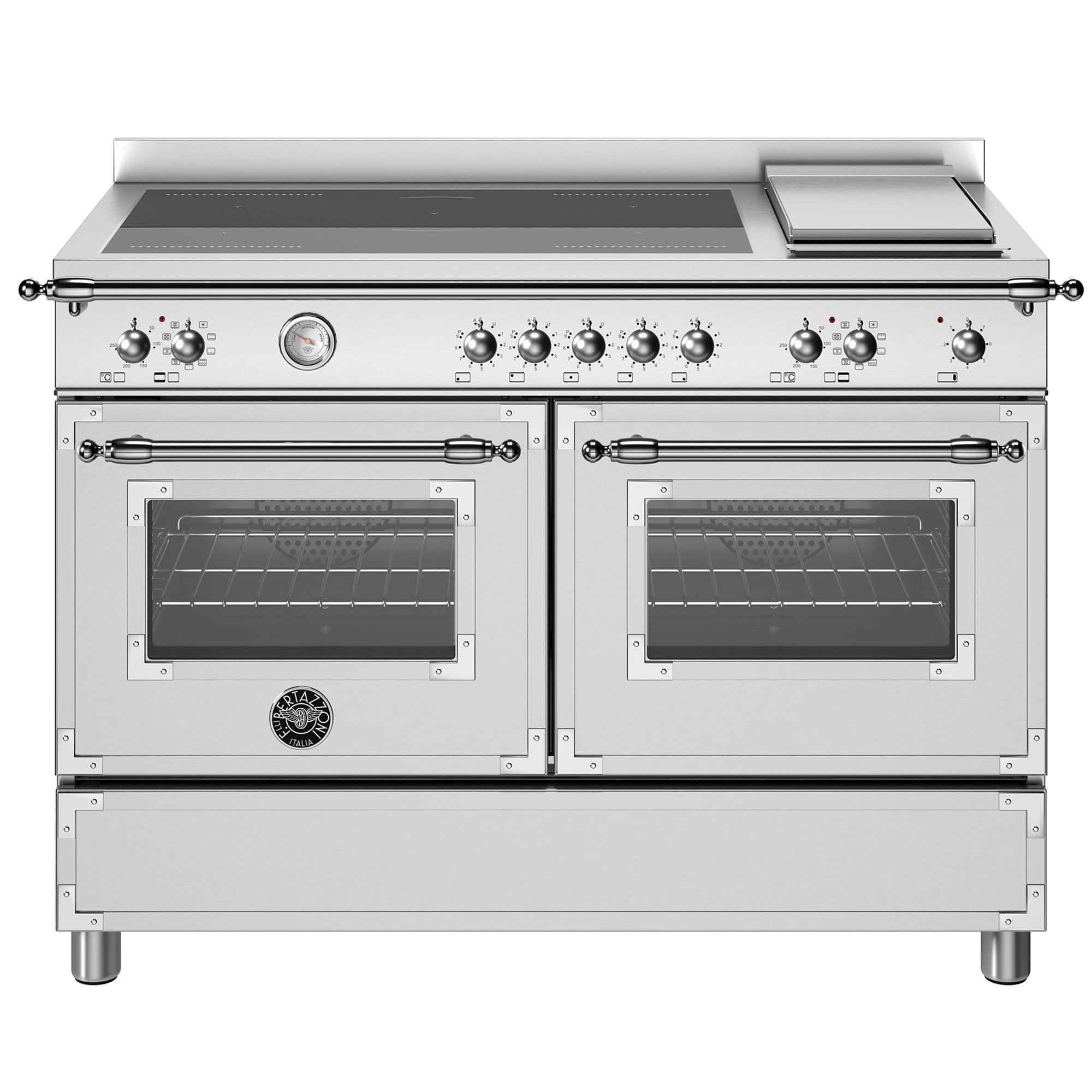 Bertazzoni Heritage induktionskomfur med stegebord dobbeltovn 5 zoner 120 cm rustfrit stål