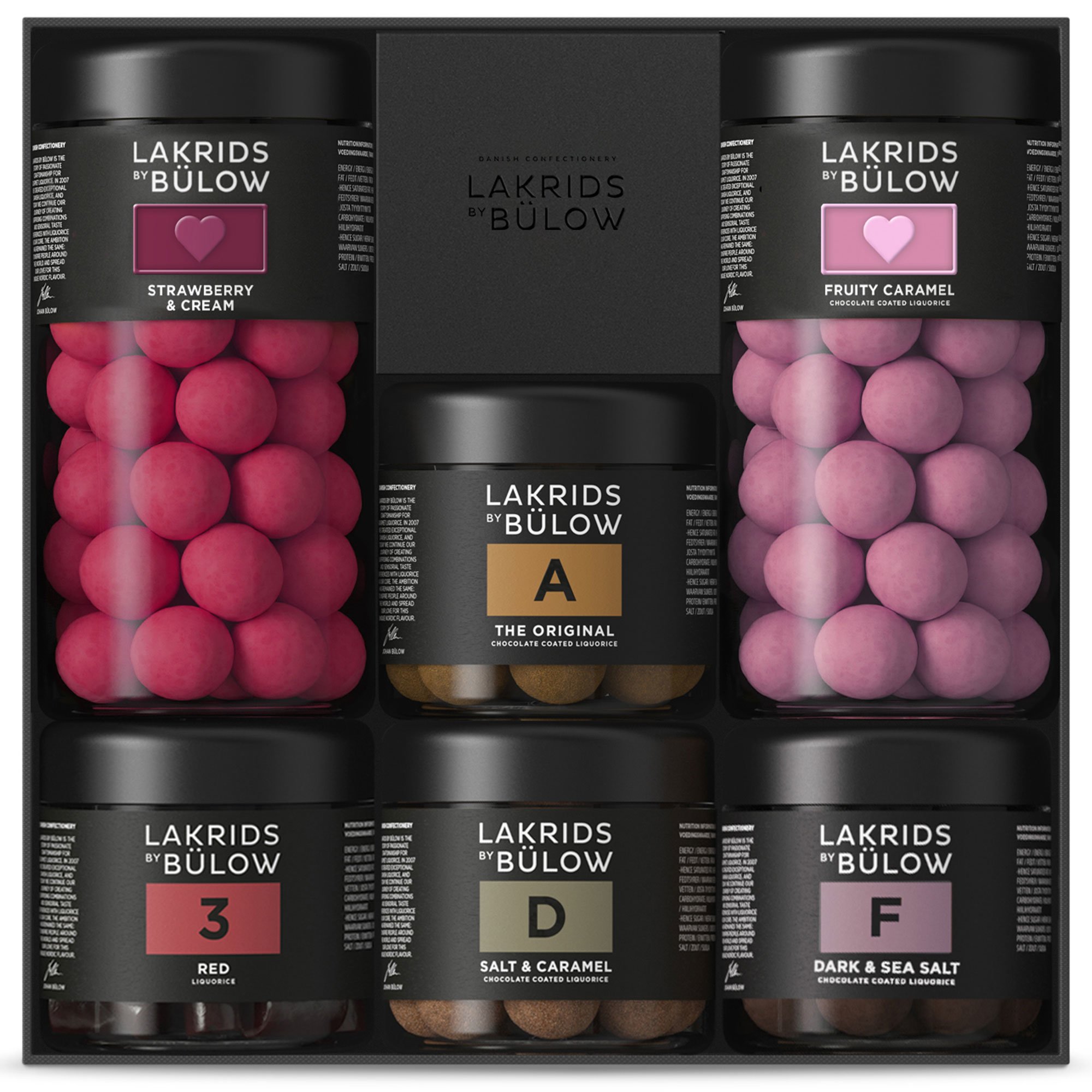 Lakrids by Bülow Large Black Box Love – lakris med blandede glasurtyper