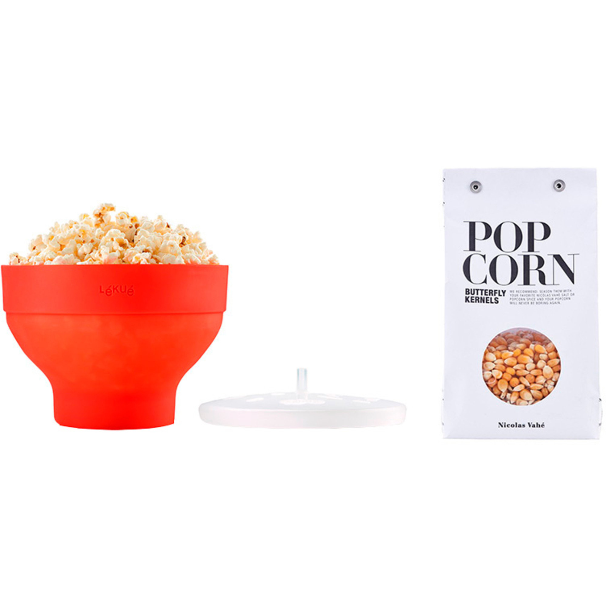 Läs mer om Lékué Popcorn Maker Micro Röd + Nicolas Vahé Popcorn 350g