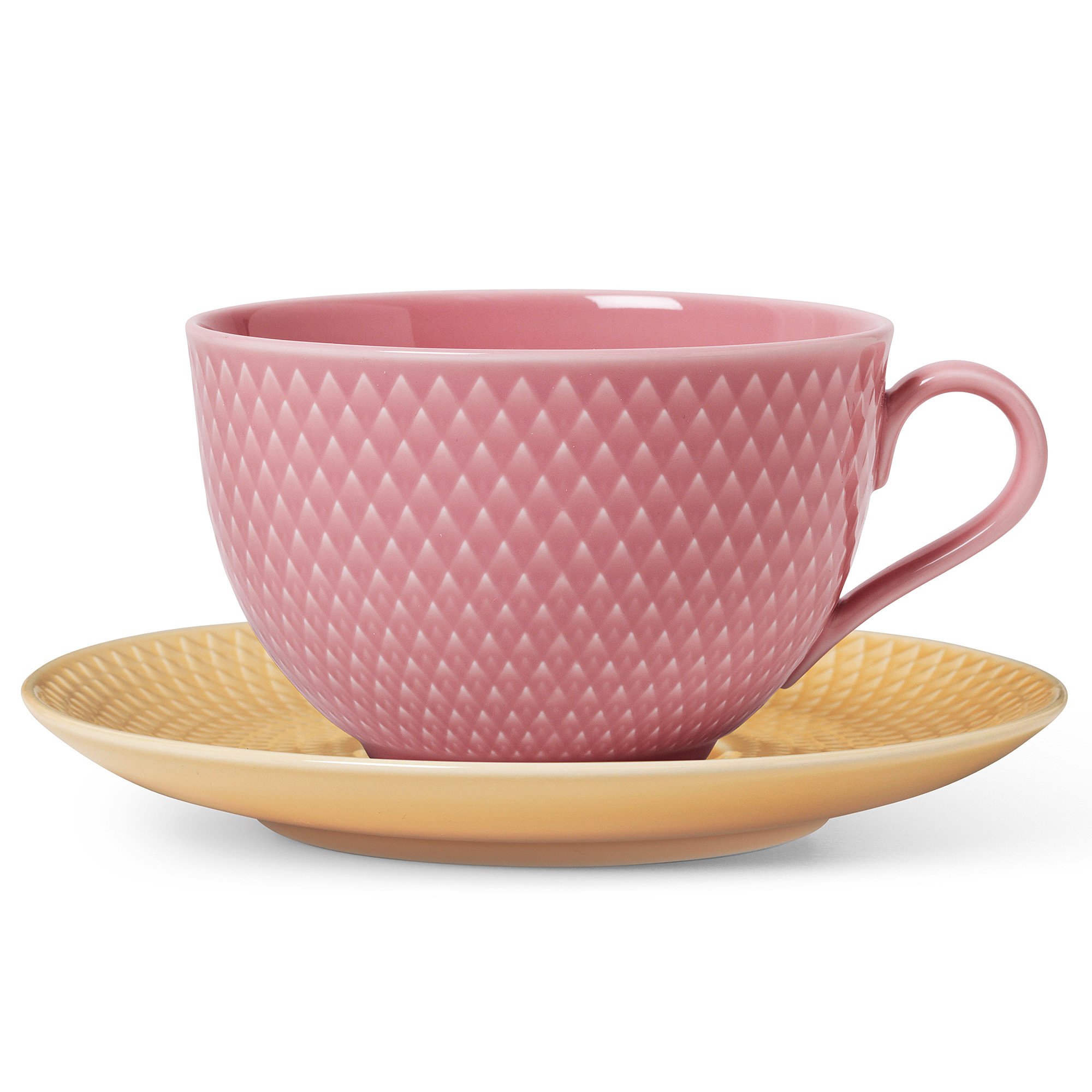 Läs mer om Lyngby Porcelæn Rhombe Color tekopp med fat 39 cl, rosa/sand