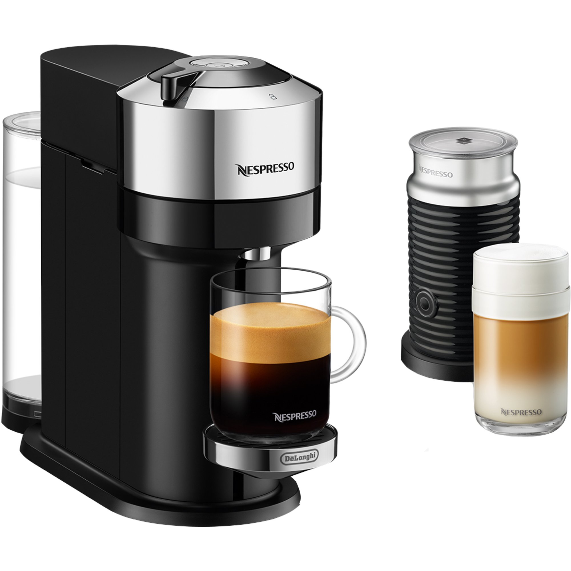 Läs mer om Nespresso Vertuo Next Deluxe kaffemaskin och mjölkskummare, pure chrome
