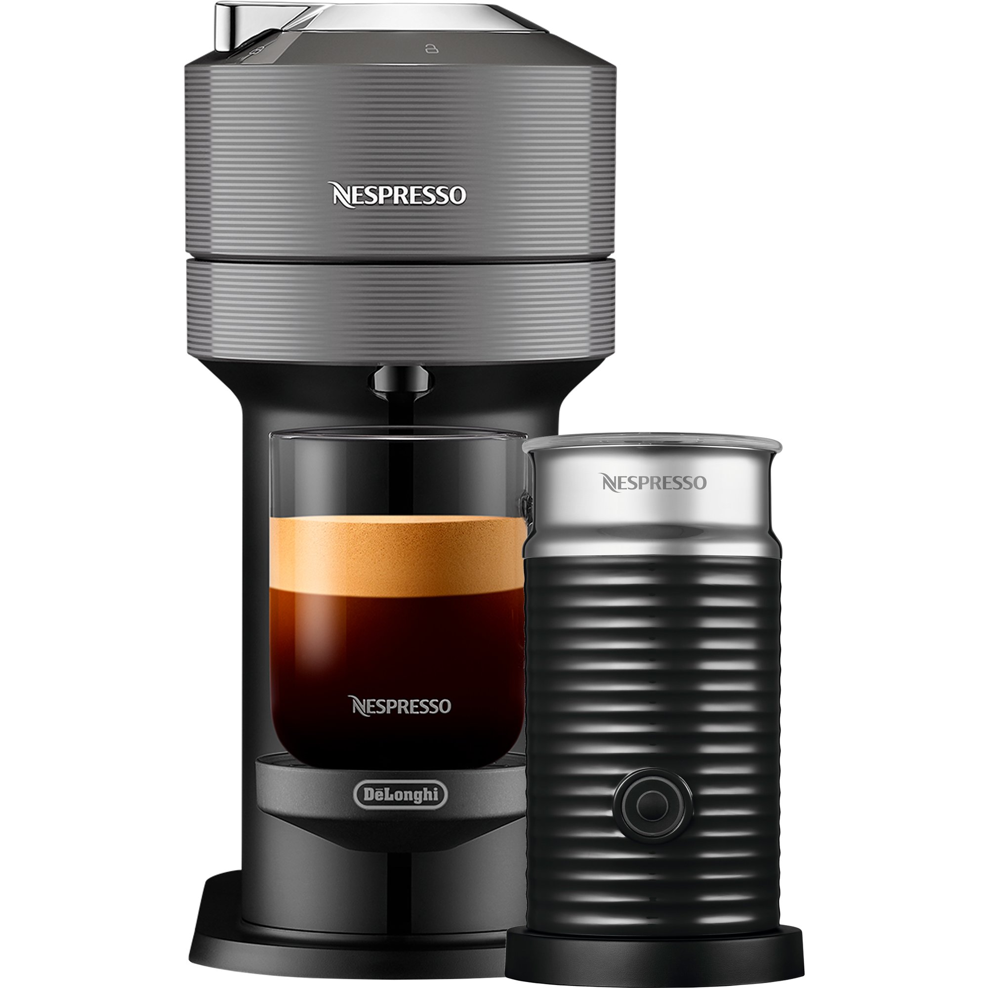 Läs mer om Nespresso Vertuo Next Value Pack kaffemaskin och mjölkskummare, grå
