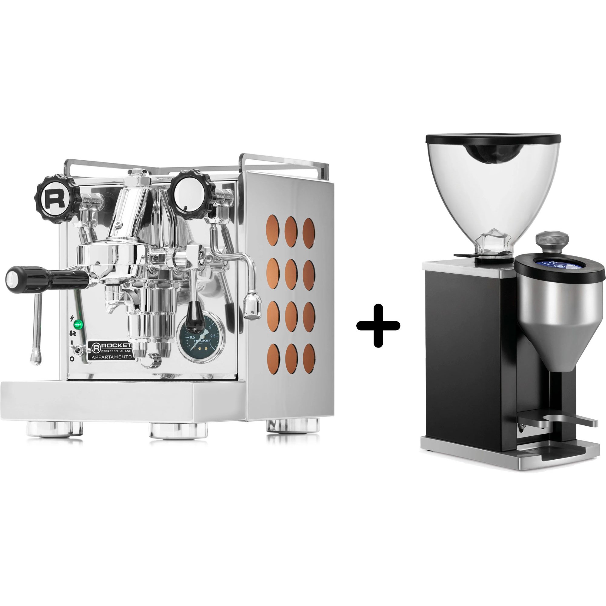 Läs mer om Rocket Appartamento espressomaskin, koppar + Faustino kaffekvarn