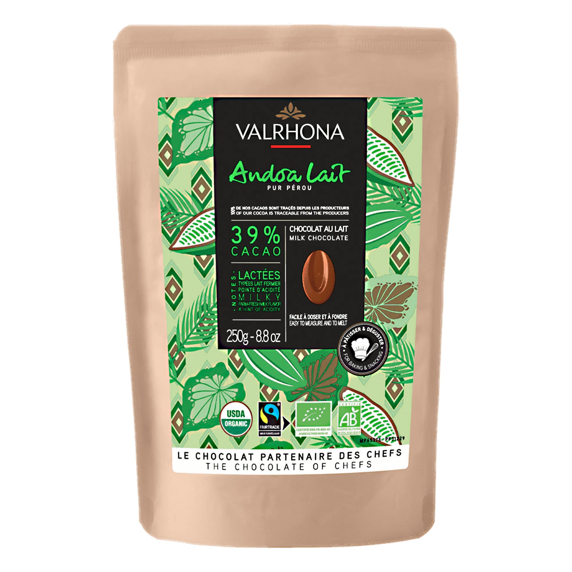 Läs mer om Valrhona Andoa 39% mjölkchoklad, 250 g