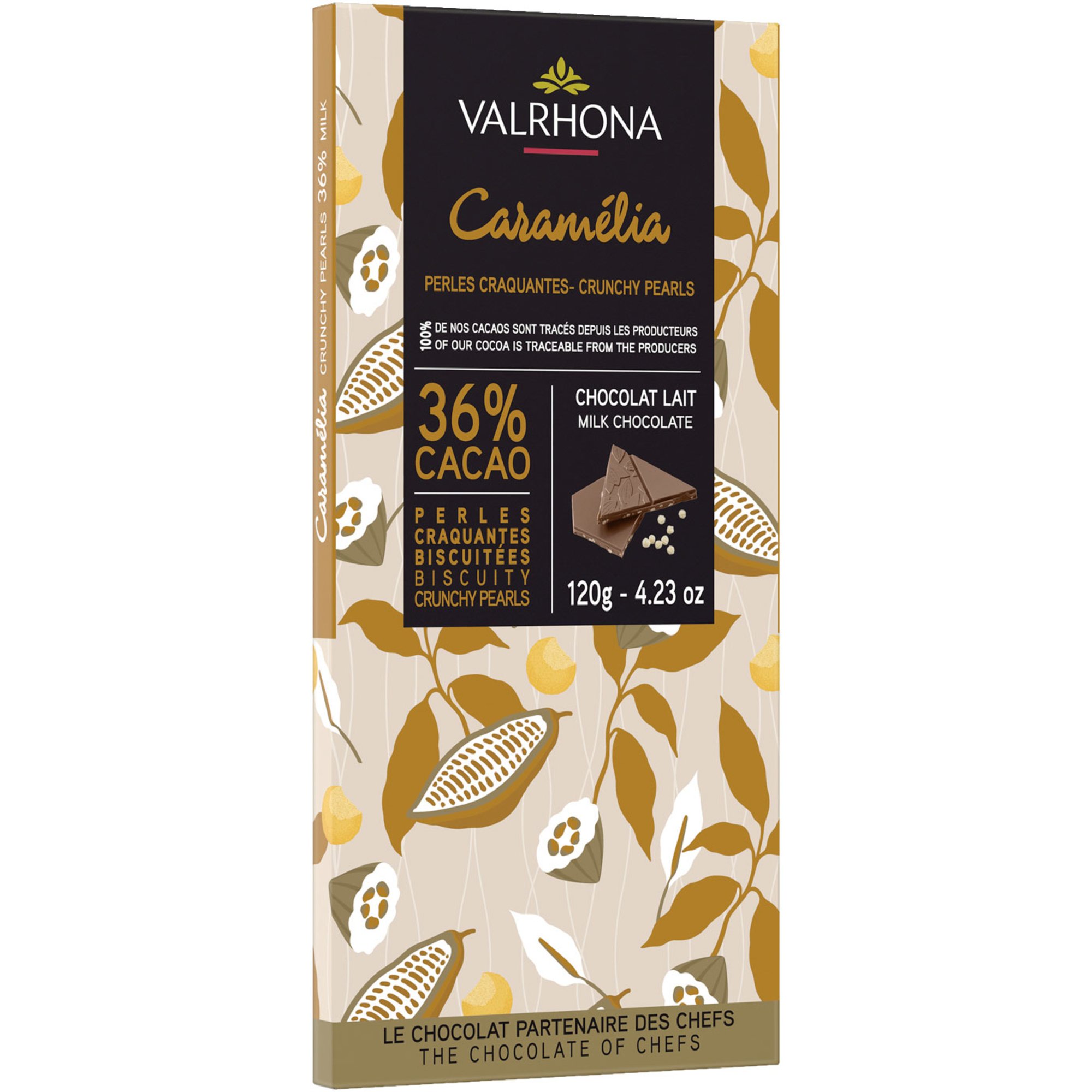 Läs mer om Valrhona Caramelia Pearls 36% chokladkaka, 120 g