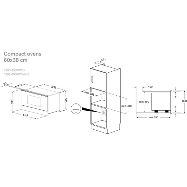 Modern F383MODMWSGNE vegghengt mikrobølgeovn 38 cm, svart