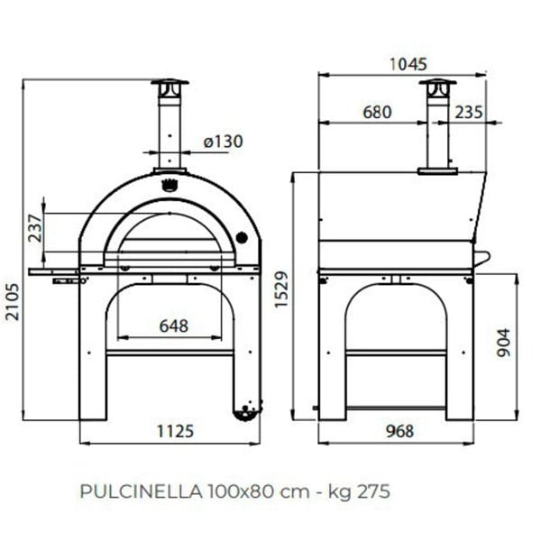 Pulcinella Brændefyret Pizzaovn 100x80 cm. Rustfrit stål