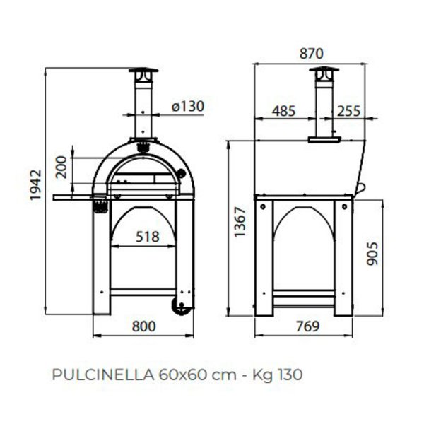 Pulcinella Brændefyret Pizzaovn 60x60 cm. Rustfrit stål