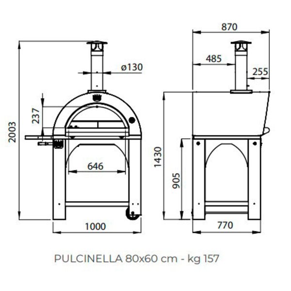 Pulcinella Vedfyrt Pizzaovn 80x60 cm, Rustfritt stål