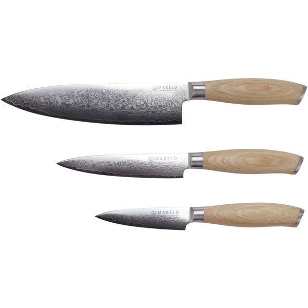 Akio sett med 3 japanske kniver: kokkekniv 21 cm, universalkniv 13 cm og skrellekniv 9 cm