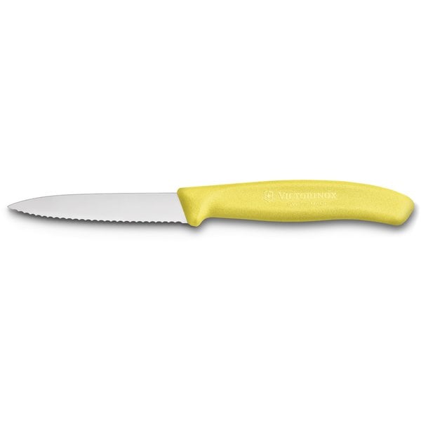 Takket urtekniv med nylonskæfte, 8 cm., gul